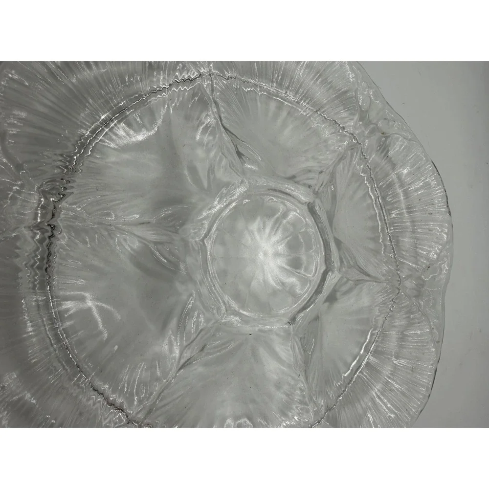L.E. Smith Clear Glass Oyster Plate 6 Well Seafood Serving Dish Vintage 9